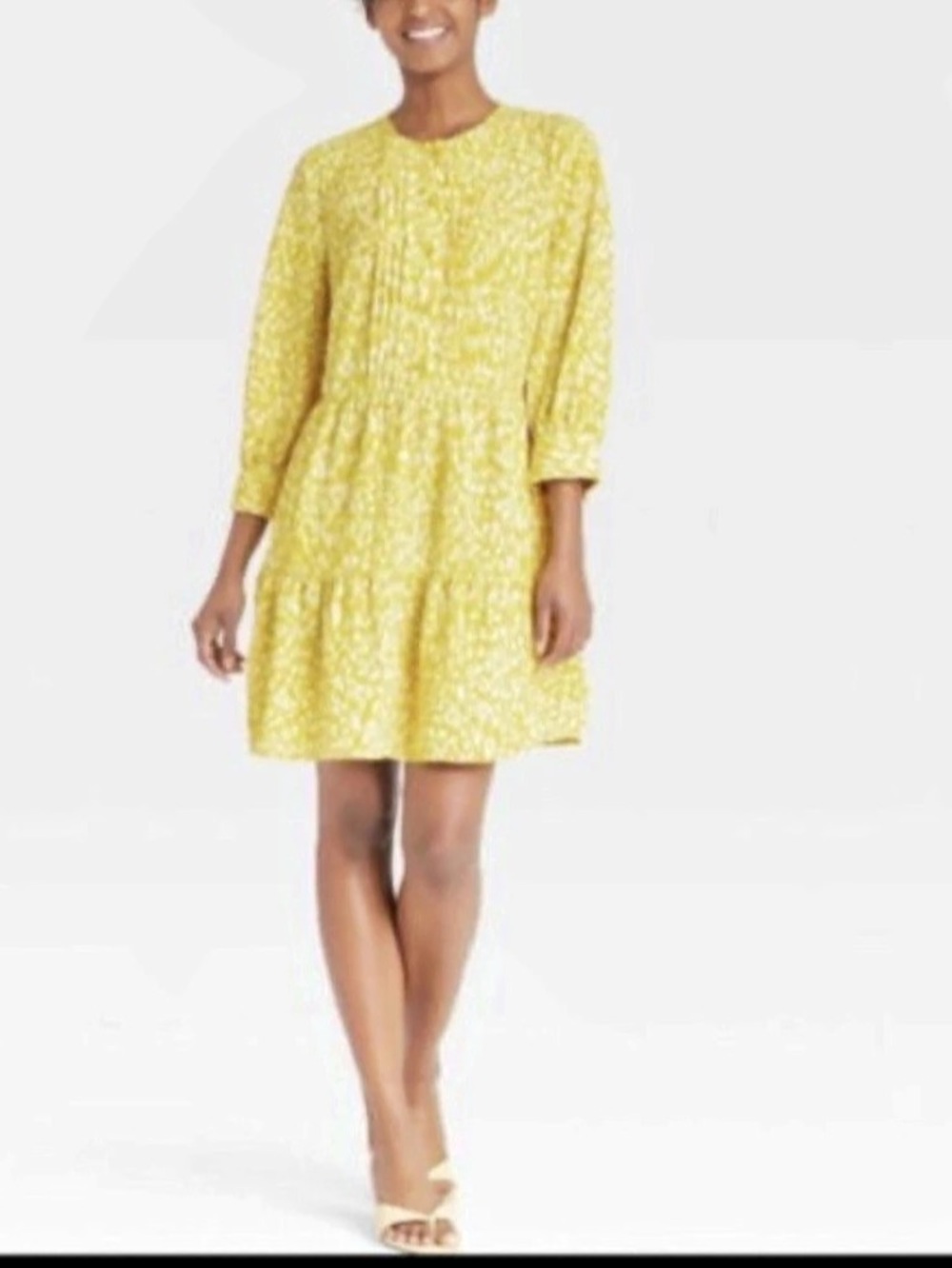 Who What Wear Citrus Leopard Print Tiered Dress Yellow & White XS
